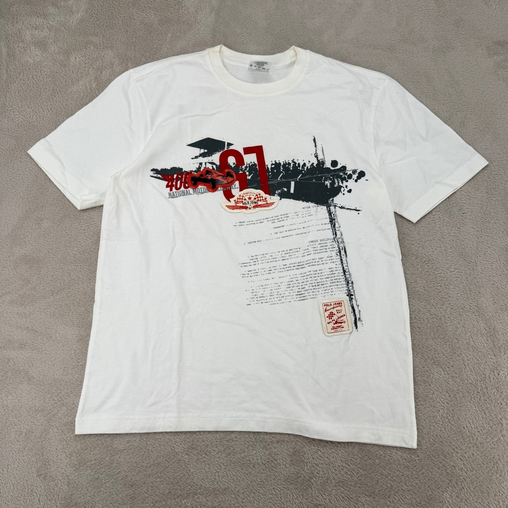 Vintage Polo Jeans Co Mens T Shirt Medium White Preowned Racing Stains Flaws
